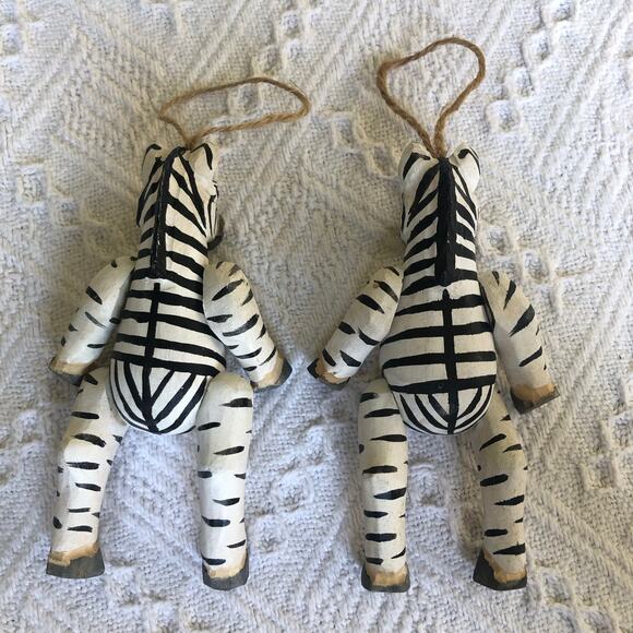 Vintage Wooden Zebra Ornaments Set Of 2 Jointed Hand-Painted 5.75" Folk Art 90s - Picture 7 of 11